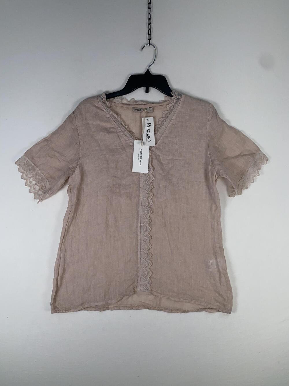 Valentina Naldi Blouse Womens Large Pink Linen Crochet Trim Short Sleeve Top